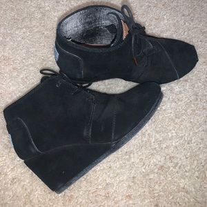 Black suede TOMS lace up wedges